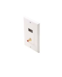 Eagle HDMI Wall Plate RCA Jack Single Red Band Female Feed Thru Faceplate White Decorator Style RCA Mono Audio F Gold Connector White Plate HDMI Female to HDMI Female, High Definition Multi-Media Interface HDTV Applications